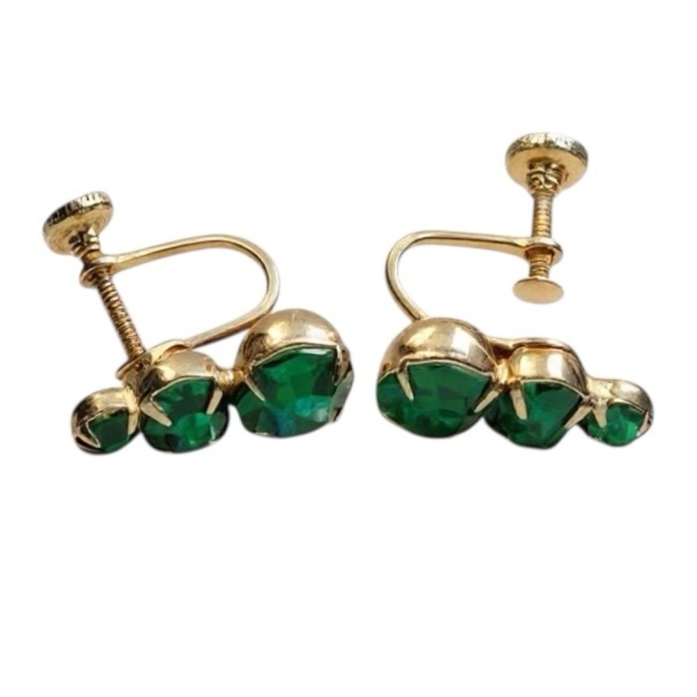 Vintage Emerald Green Goldtone Clip On Screwback Teardrop Earrings - Picture 3 of 6